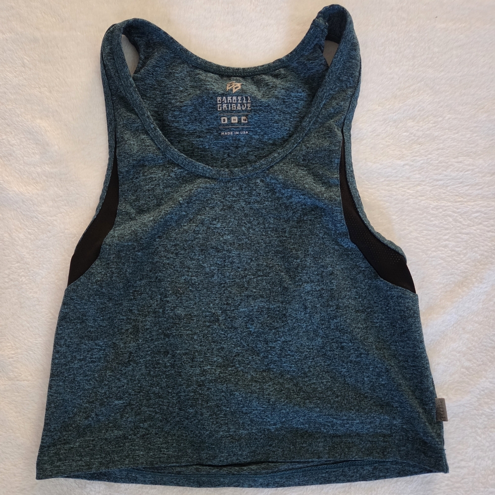 Barbell Brigade Black Blue Fitted Cropped Tank Sz M Active Gym Sports Bra Top